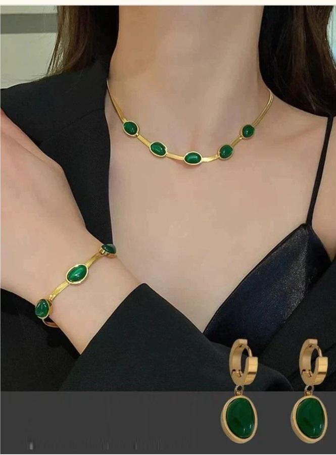 Oval Green Crystal Pendant Necklace Set With Bracelet💚✨